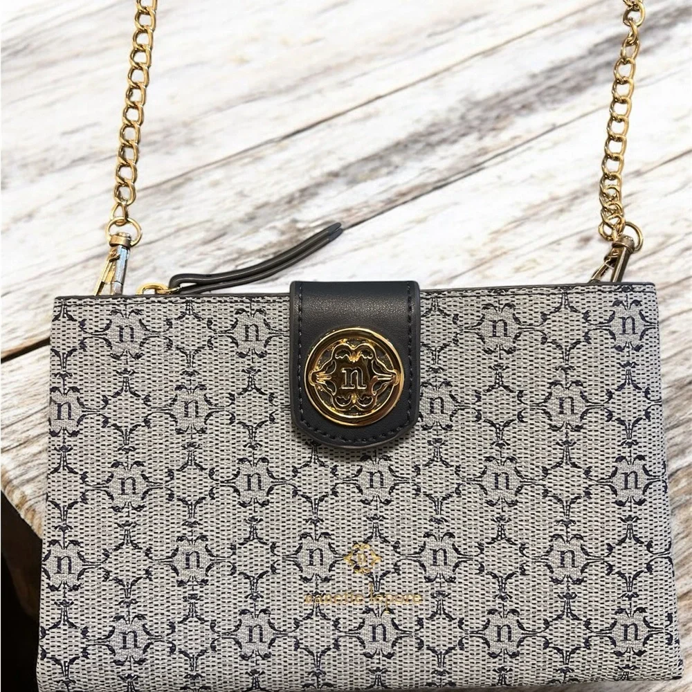 Nanette Lepore Navy Patterned Crossbody Bag with Gold Chain - Picture 3 of 8